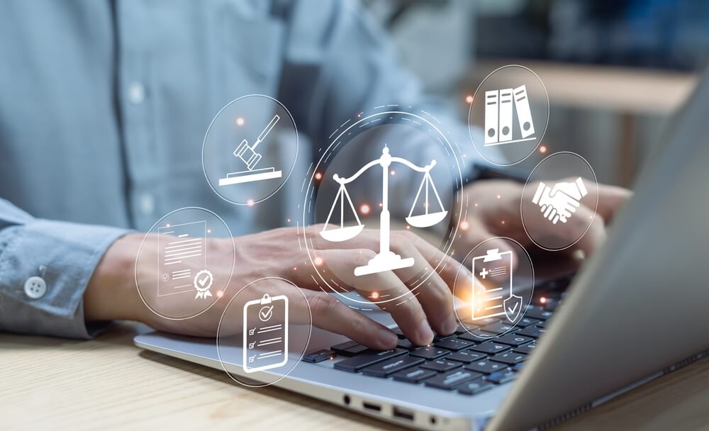 Man using law practice management software in his laptop concept.
